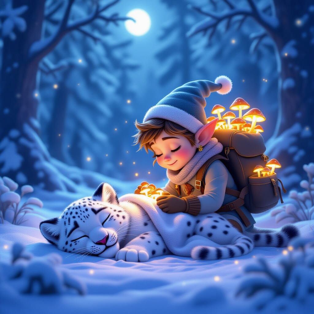 Elf Tends Sleeping Snow Leopard Cub in Moonlit Forest