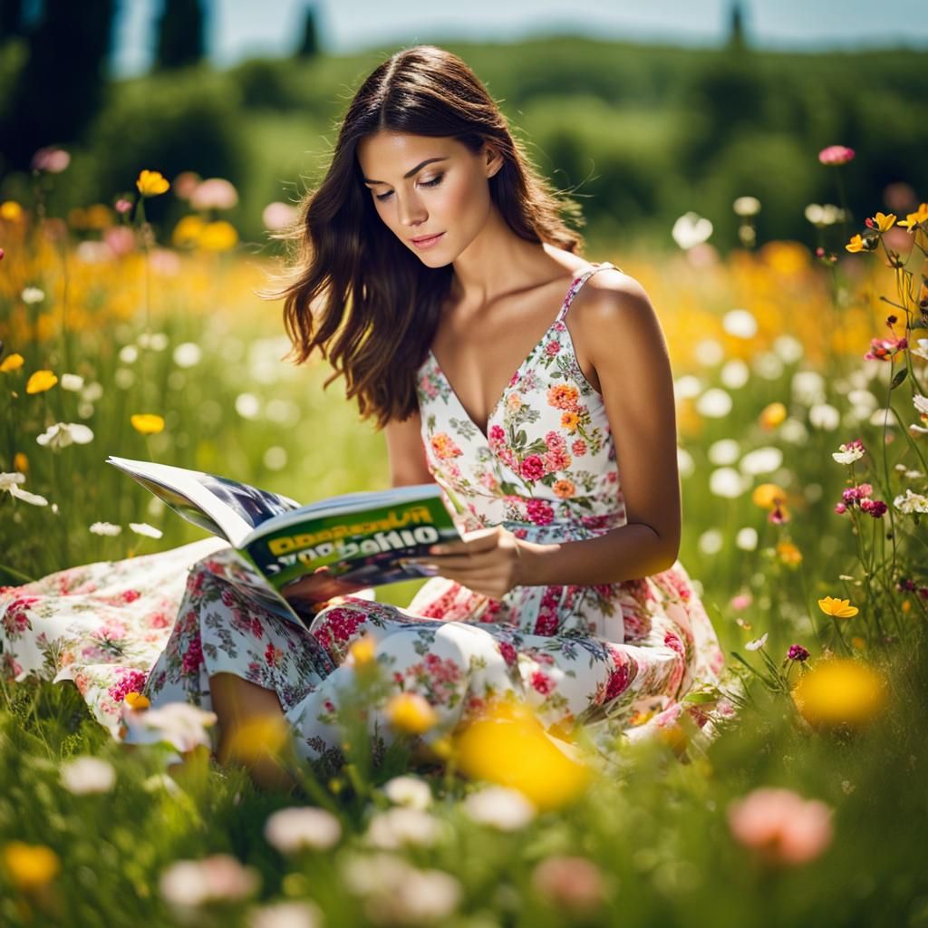 French Woman Reading in Floral Meadow: Photography