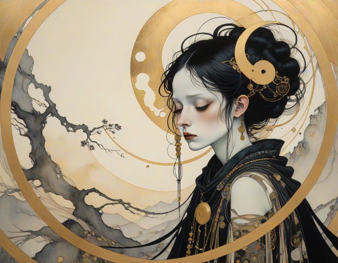 Grimdark Weeping Fairy in a Golden Circle Amidst a Battlefie...