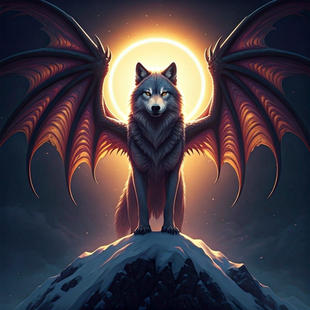 Cyberpunk Fantasy Wolf Ascends Snowy Peak