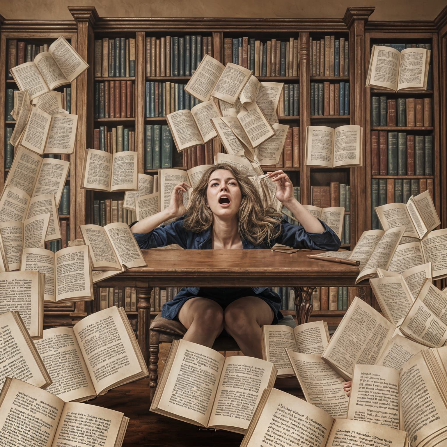Surreal Library Scene with Distraught Woman in a Sea of Word...