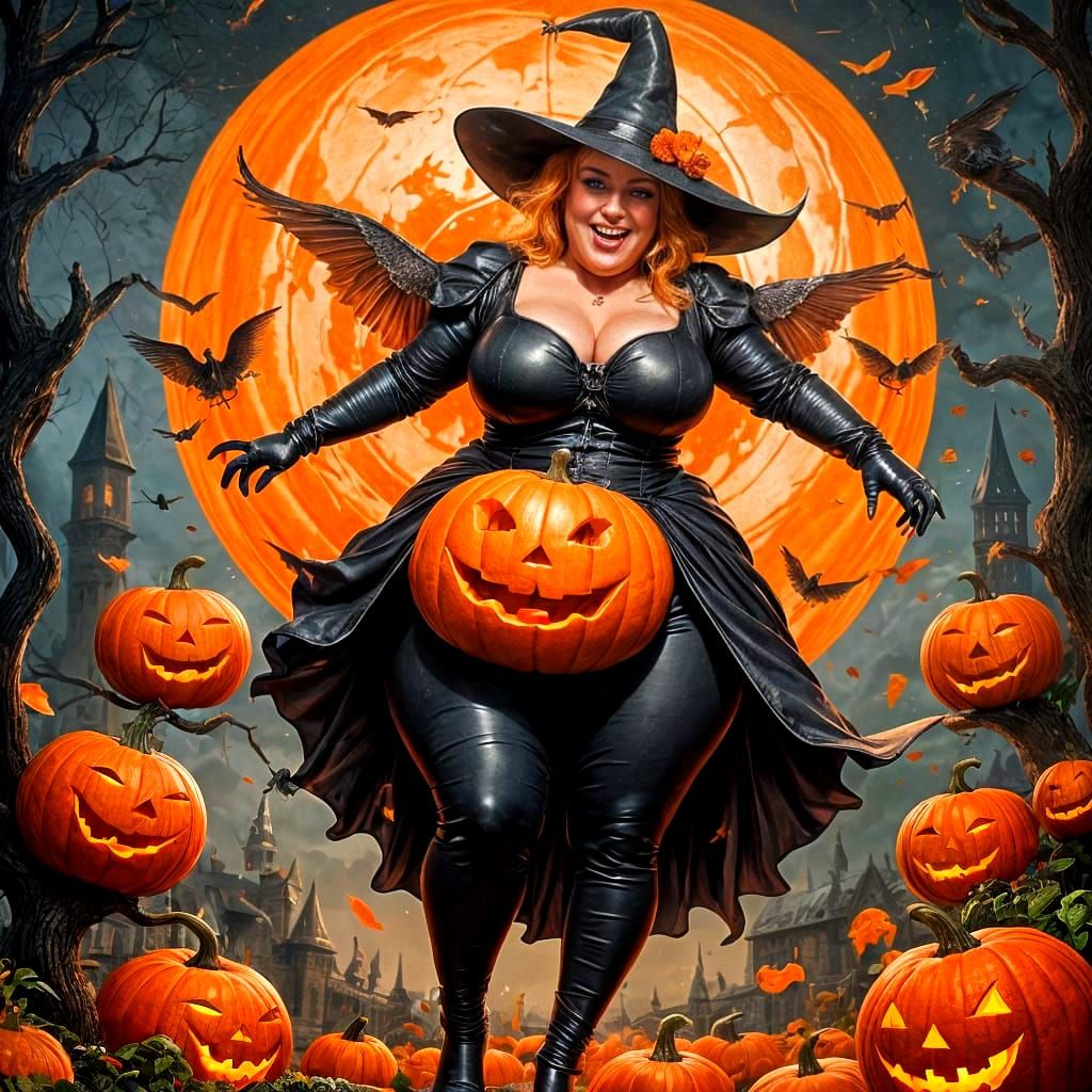 Chubby Witch Flies Pumpkin in Detailed Matte Painting