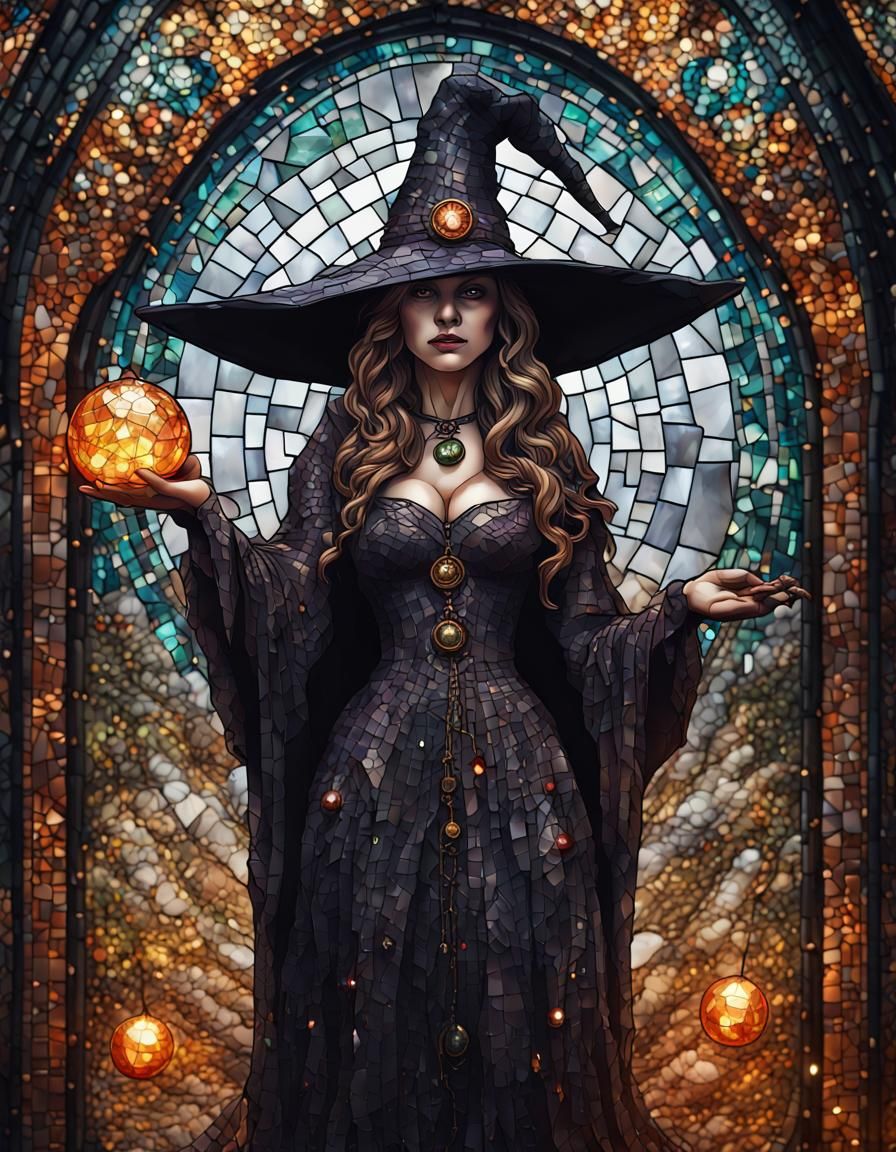 Detailed Mosaic of a Witch Casting Spells