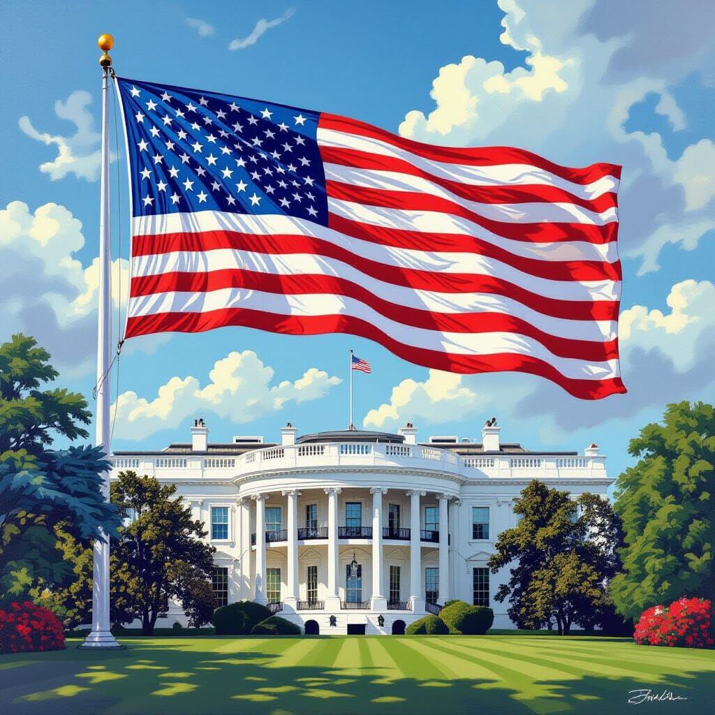 American Flag Waving Above White House: Stylized Realism