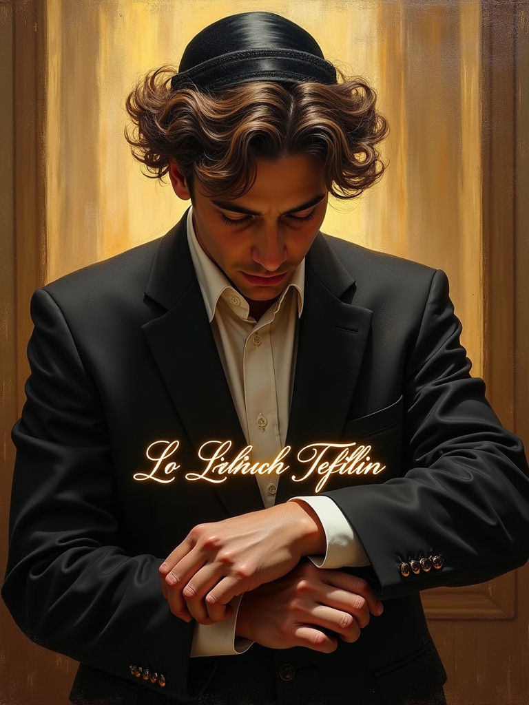 Chassidic Man Lays Tefillin in Synagogue as Oil Painting