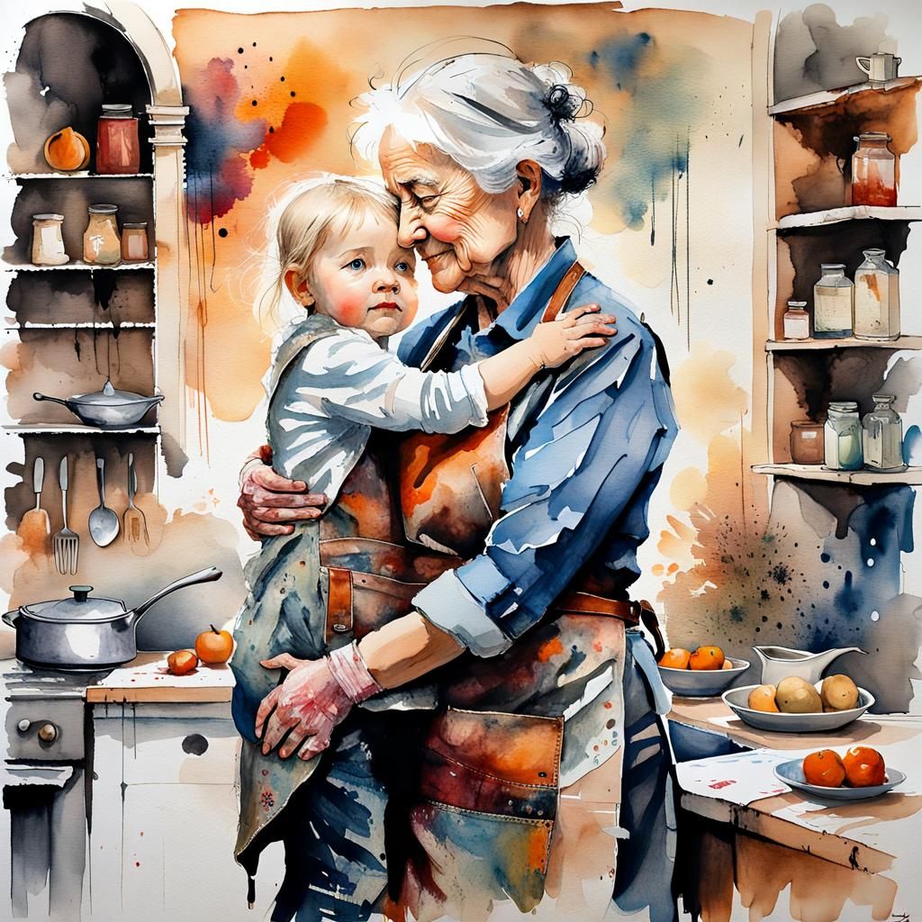 Toddler Hugging Grandma in Dreamy Watercolor Art
