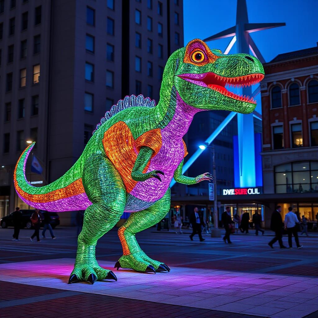 Majestic Wireframe T-Rex Sculpture with Neon Lights
