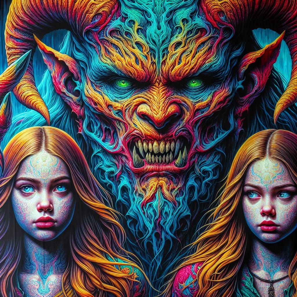 Fearsome Demon and Courageous Girls in Vibrant Colors