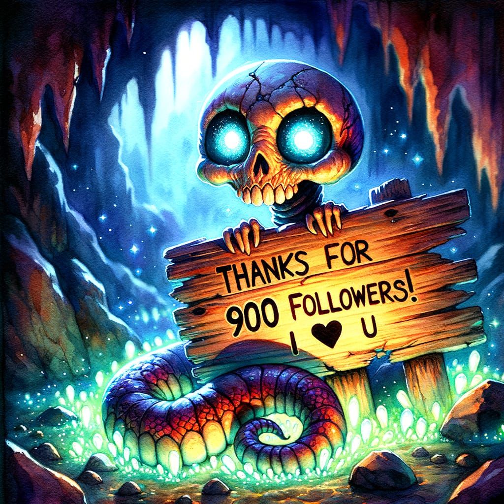 Chibi Undead Snake Thanks Followers in Watercolor Cave