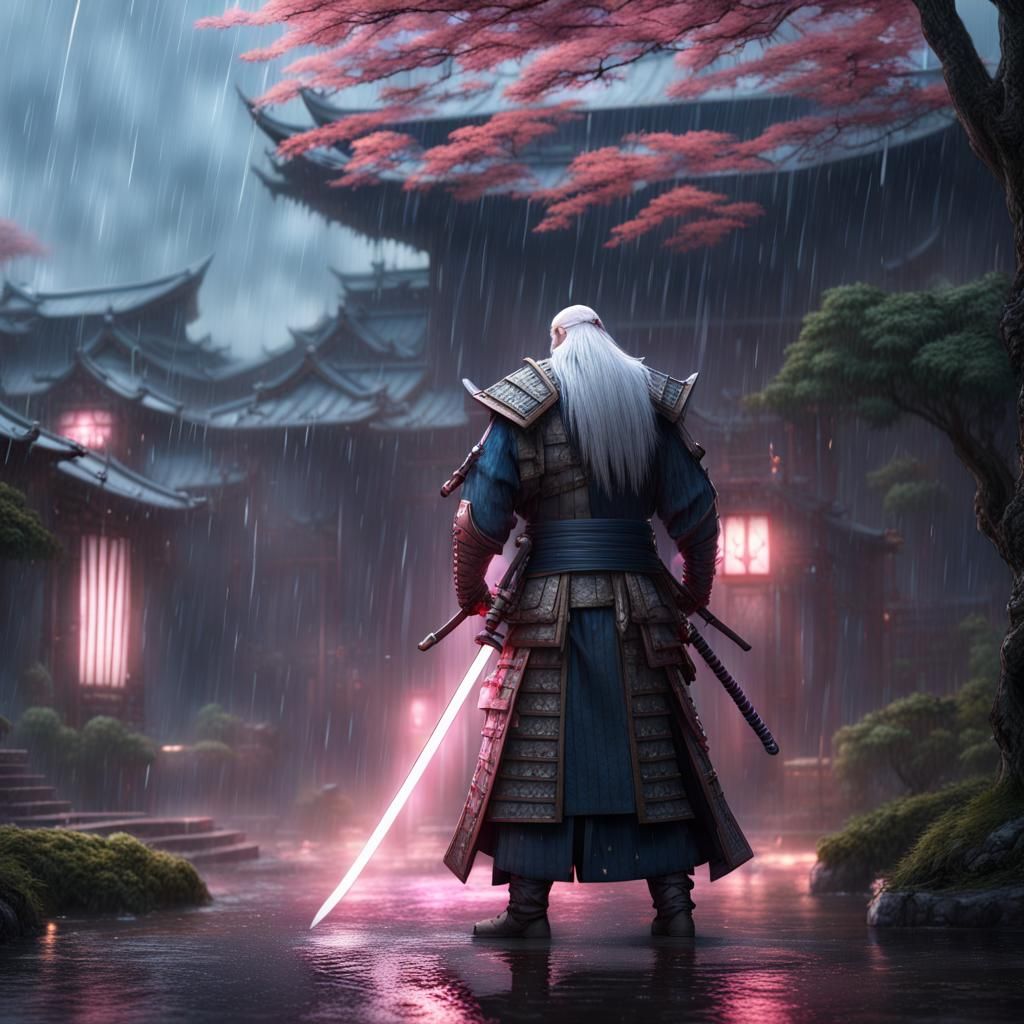 Fantasy Samurai Warrior in Rain with Glowing Katana