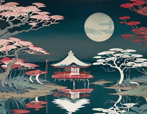 Minimalist Flower Building in Ukiyo-e Style Swamp