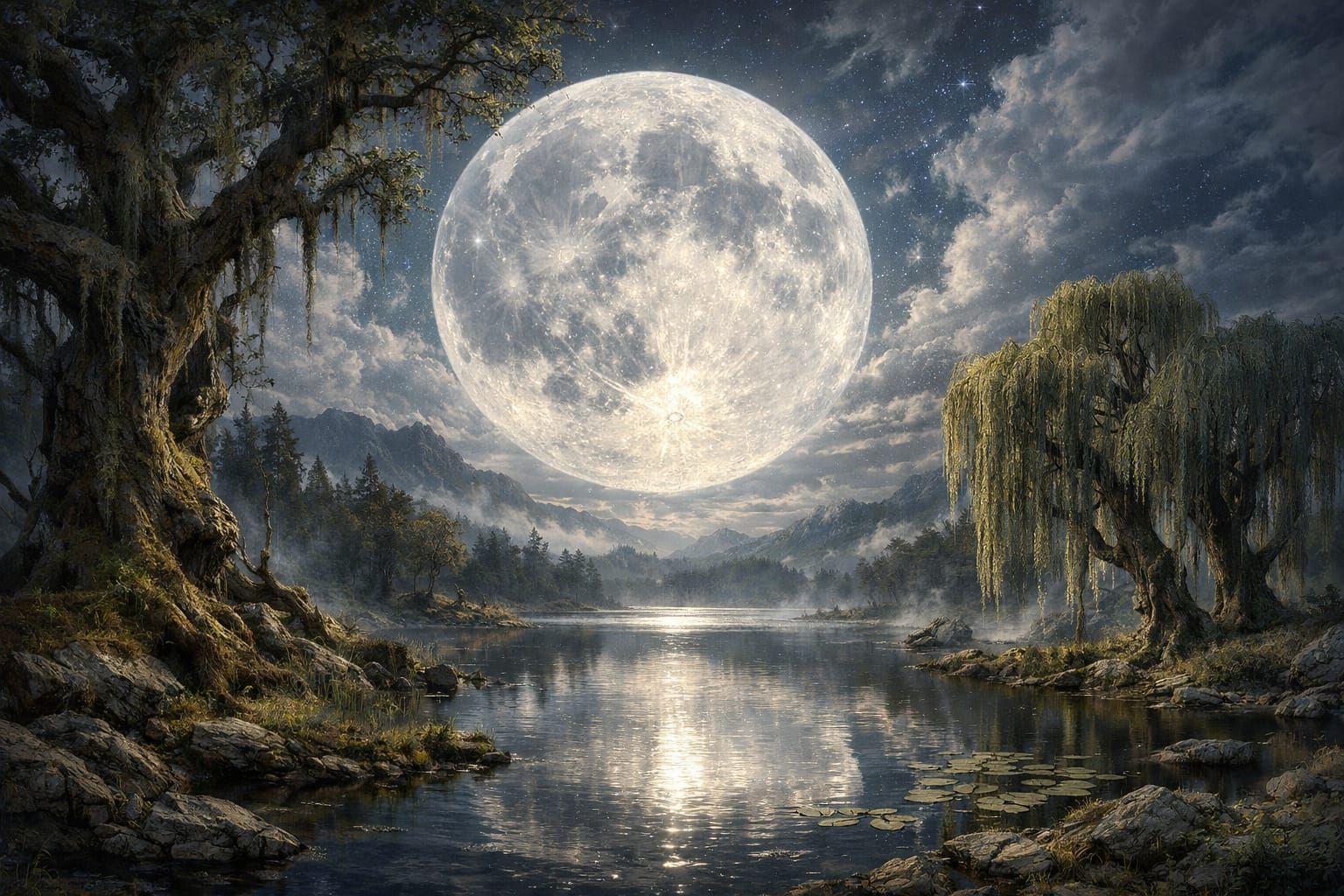 Gigantic Moon Illuminates Misty Forest and Lake