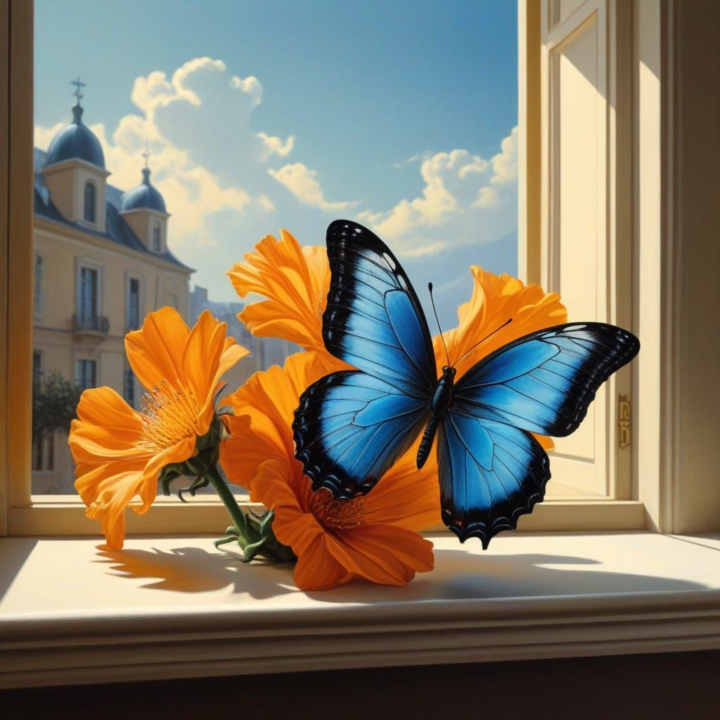 Surreal Blue-Black Butterfly in Golden Light