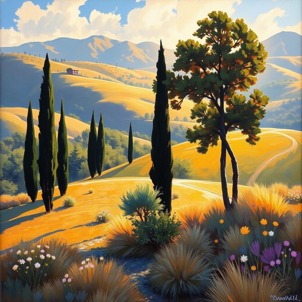 Italian Landscape Painting with Cypress Trees and Hills
