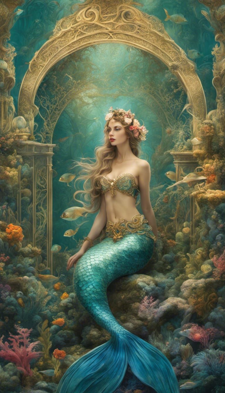 Enchanting Mermaid in Art Nouveau Aquatic Castle