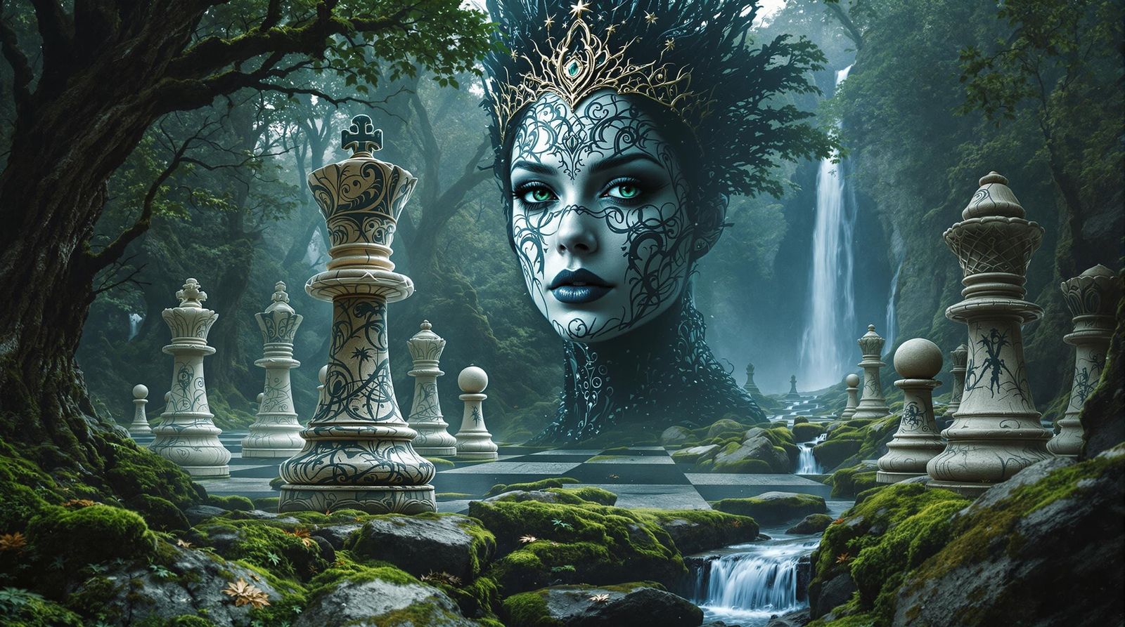 Epic Chess Queen in Whimsical Forest Realm