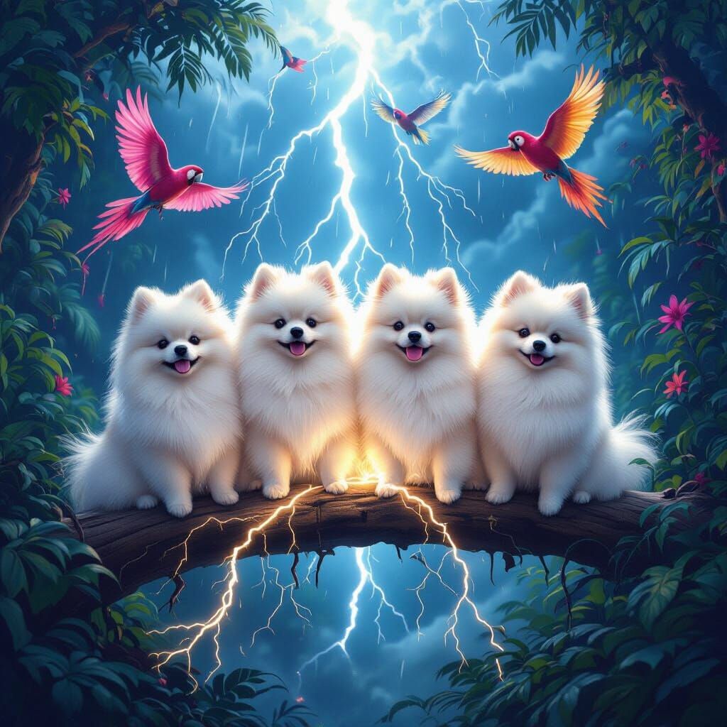 Fluffy Pomeranians on Lightning Bolt in Jungle Storm