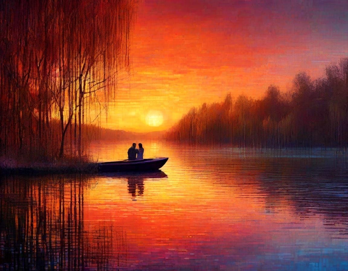 Epic Sunset Lake Scene in Mosaic Glass Tile Style