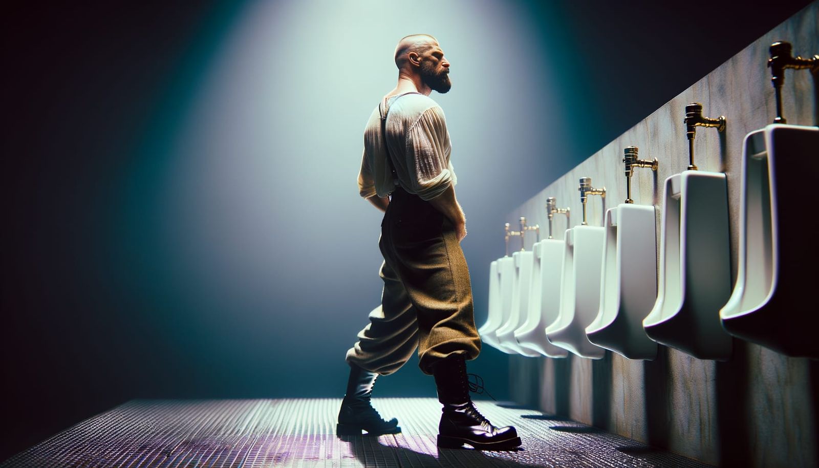 Edgy Male Figure Using Urinal in Matte Painting Style