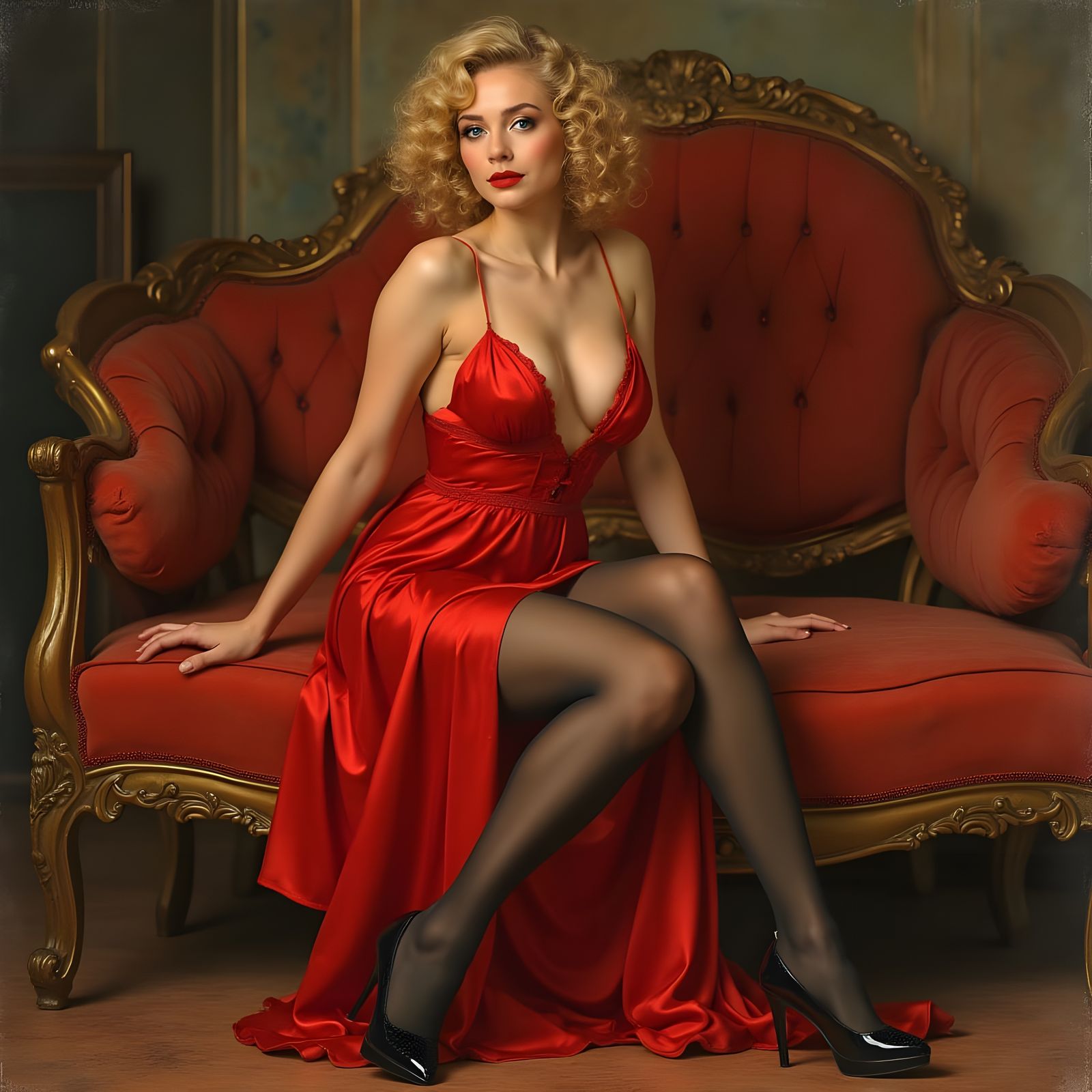 Blonde Woman in Red Satin: A Pin-Up Portrait