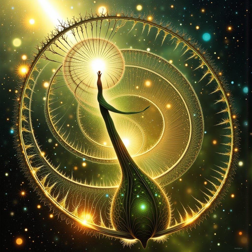 Surrealistic Seed Tendril with Glowing Cosmic Webs