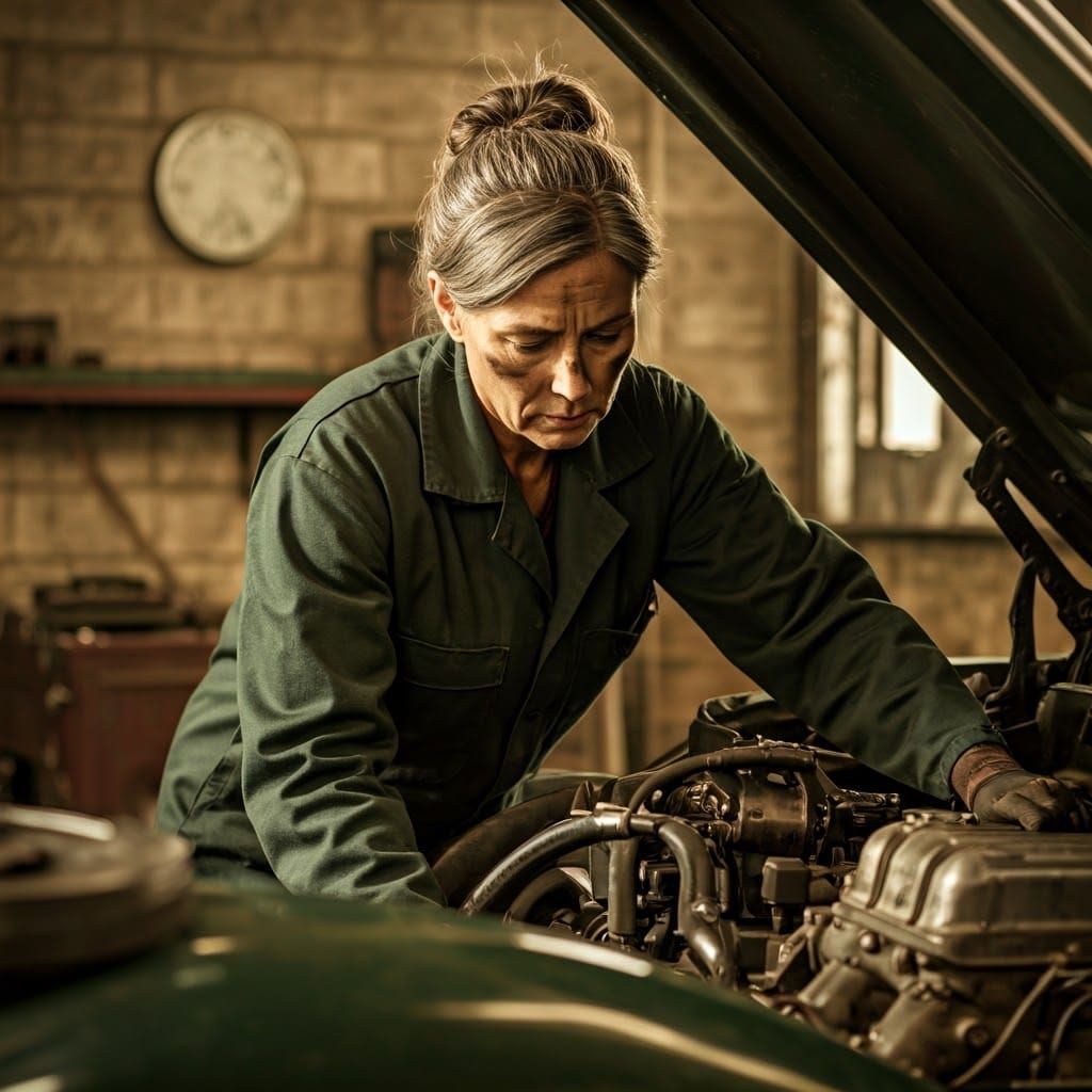 Woman Repairs Car Engine in Sepia-Toned Photo