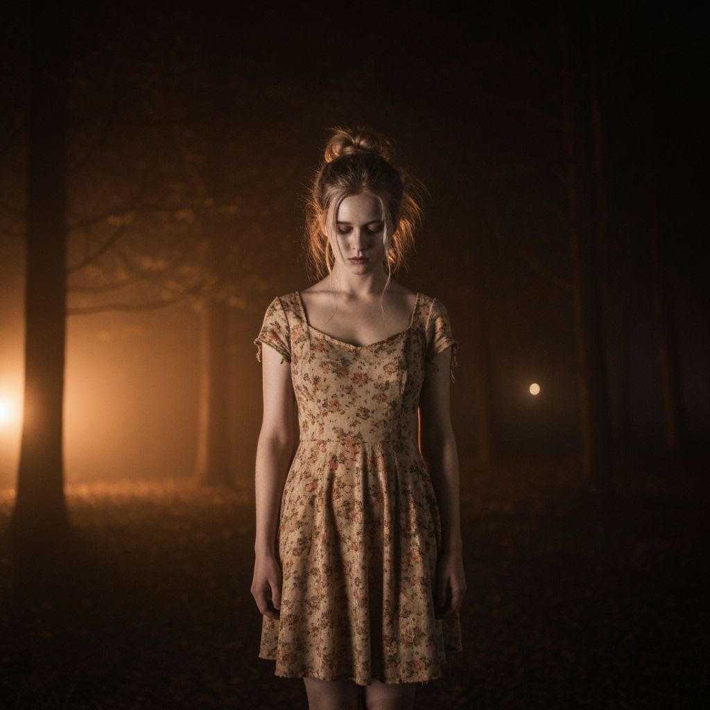 Ethereal Woman in Misty Forest at Night