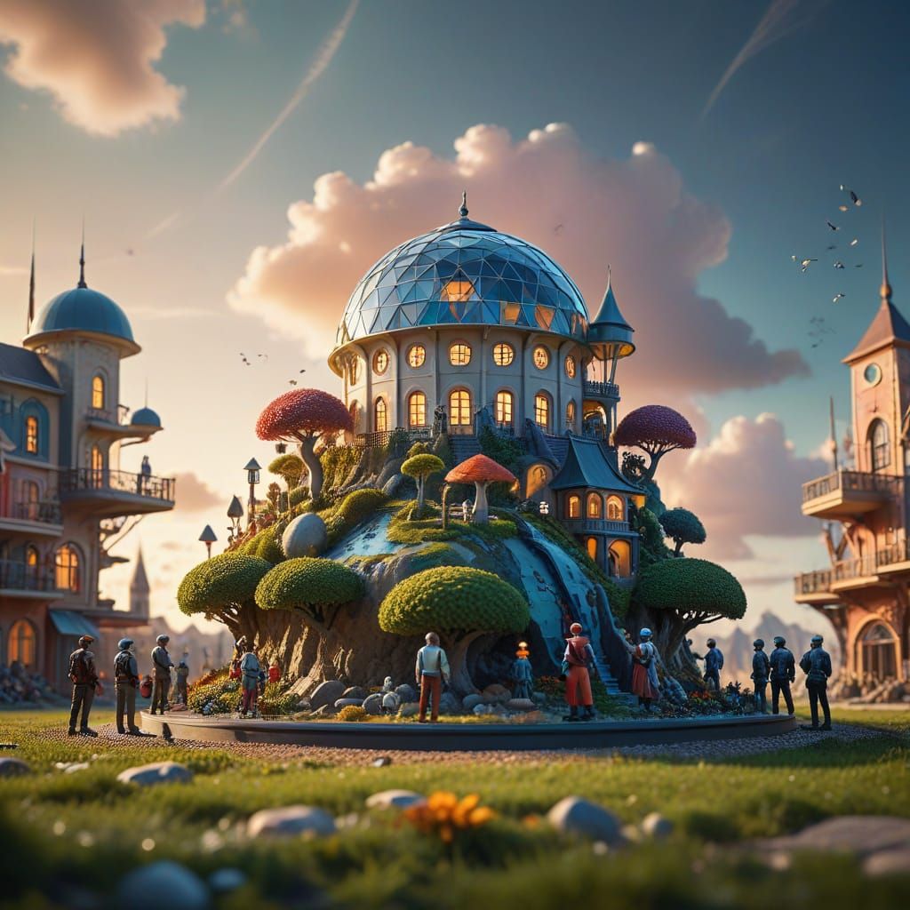 Gulliver Among Tiny Lilliputians in Futuristic Fantasy Lands...