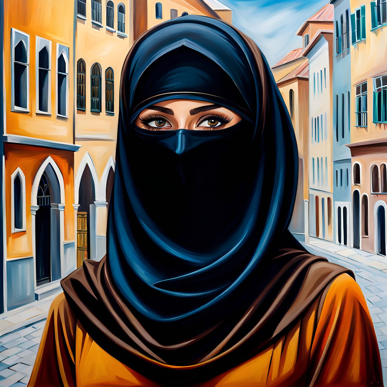 Elegant Niqabi Woman Smiling in Oil Painting