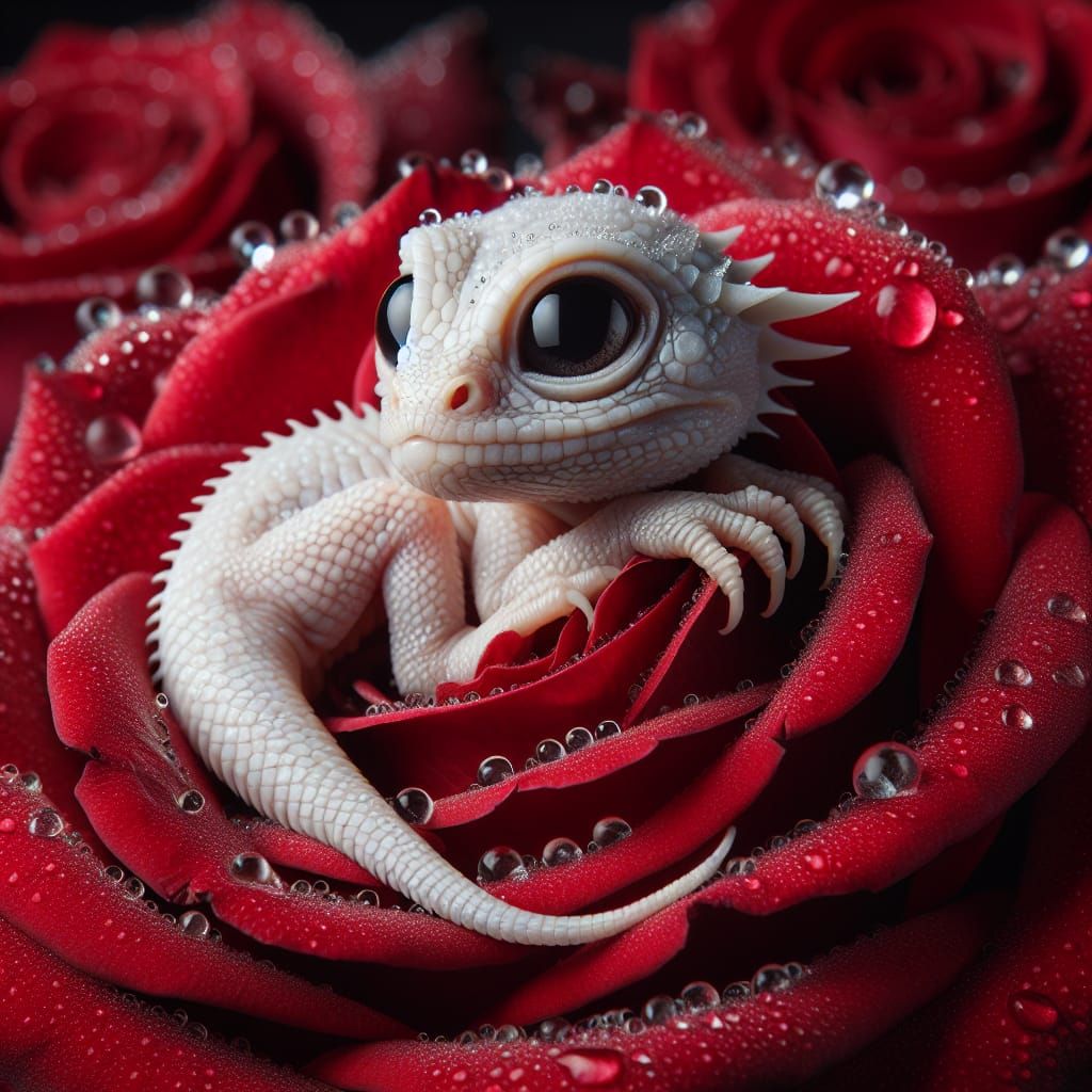 Baby White Dragon in Red Rose