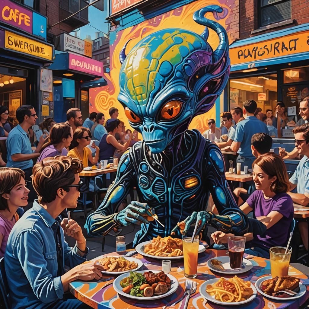 Alien Dinner in 1960s Pop Art Cafe