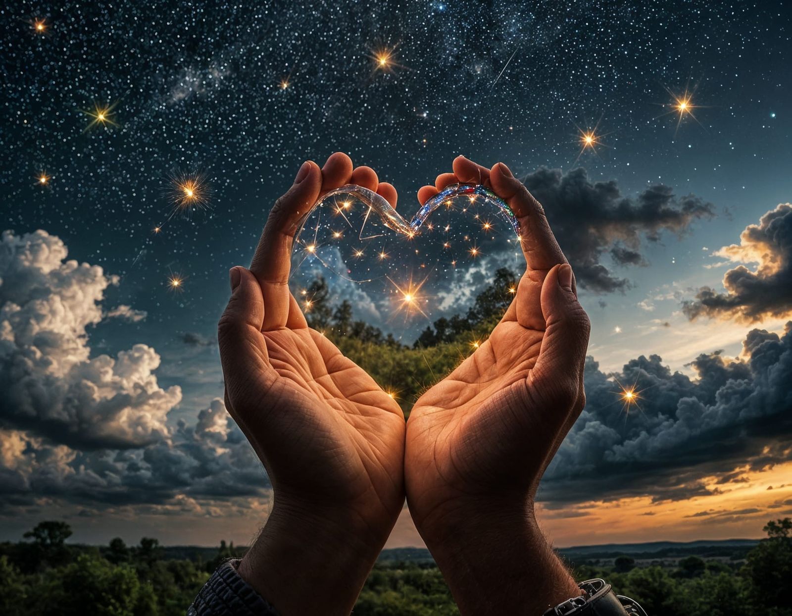 Luminous Heart Held in Cloudy Sky