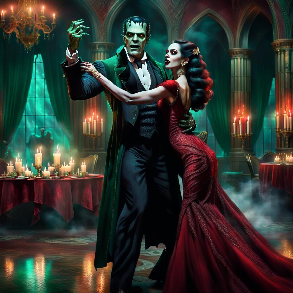 painting of a vampire woman with long teeth and a red dress dancing  with Franchestein
