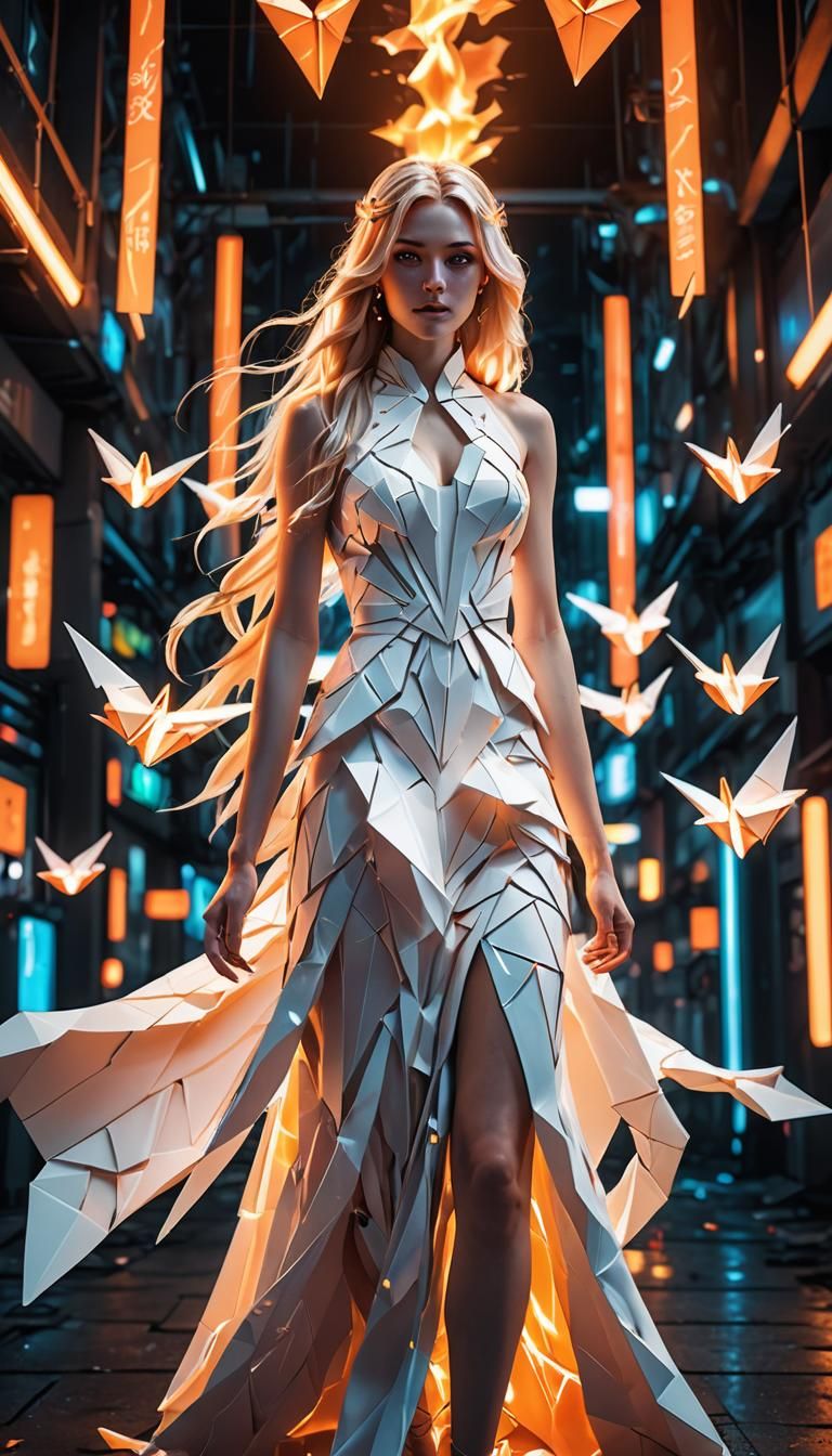 Woman with Origami Dress Holding Glowing Flame