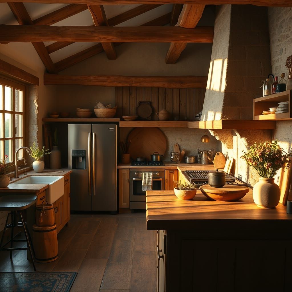 Cozy Rustic Kitchen Bathed in Golden Hour Light