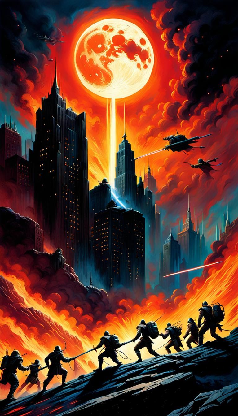 Moon Lasers Strike Earth in Epic Fantasy Illustration