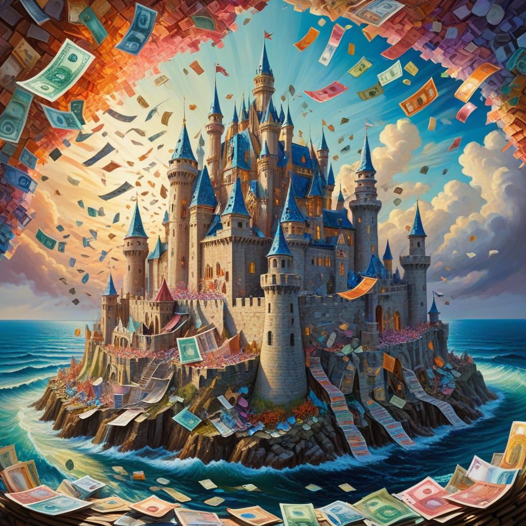 Fantasy Castle Made of Colorful Banknotes in Oil Painting St...