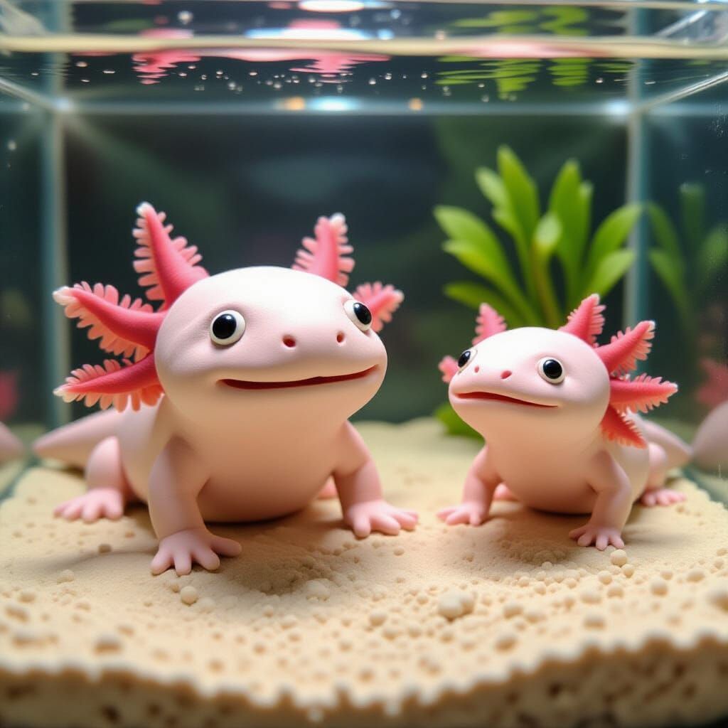 Clay Axolotl Sculpture in Fish Tank
