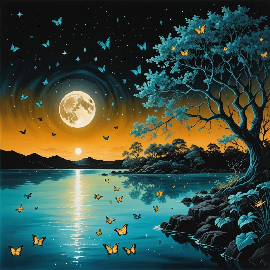 Luminous Blue Lagoon Under Starry Night Sky with Butterflies...