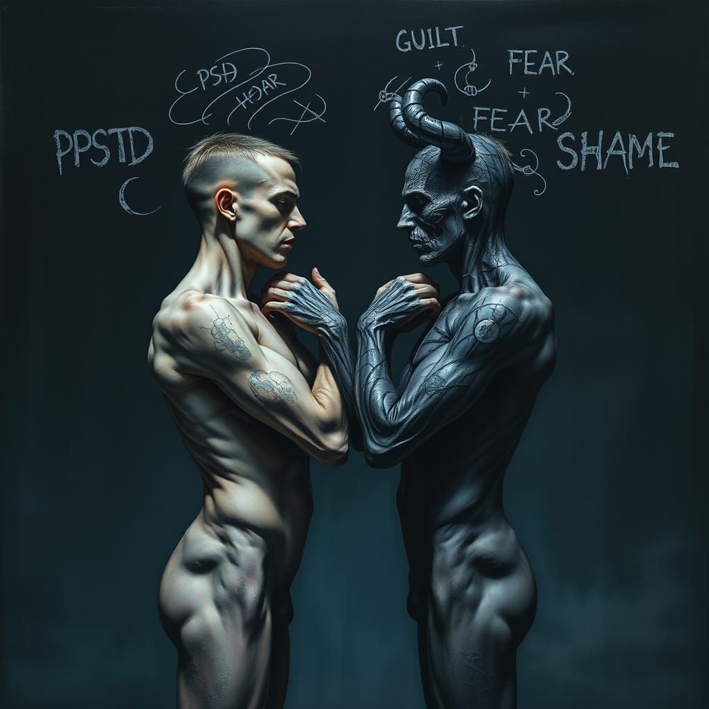 Dramatic Surreal Painting of Duality in Darkness