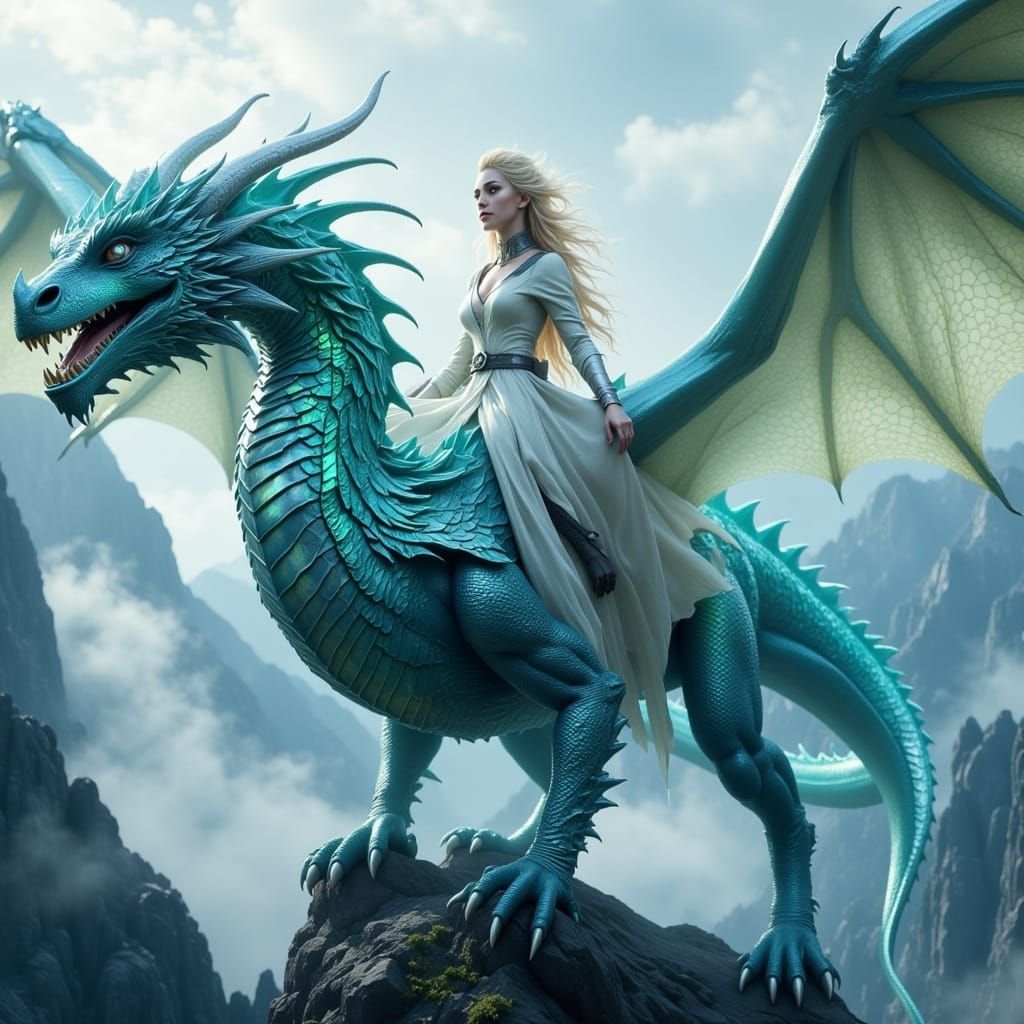 Woman Rides Blue-Green Dragon Over Misty Mountains