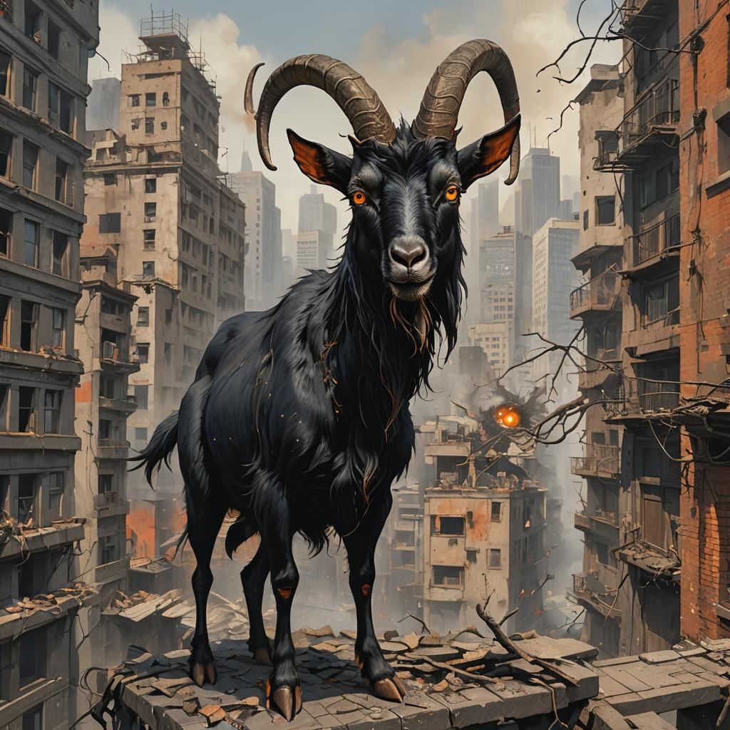 Rampaging Goat-Human Hybrid in Dark Fantasy City