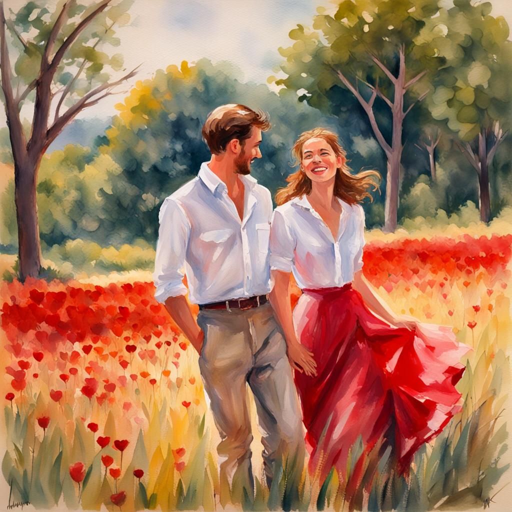 Joyful Couple in Sunlit Field, Gouache Watercolor