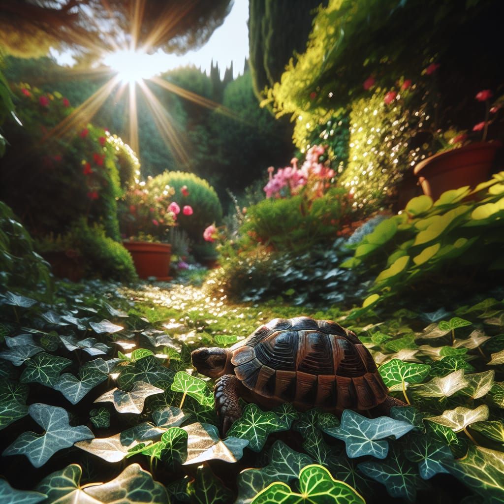 Greek Tortoise Emerges into Sunlit Garden