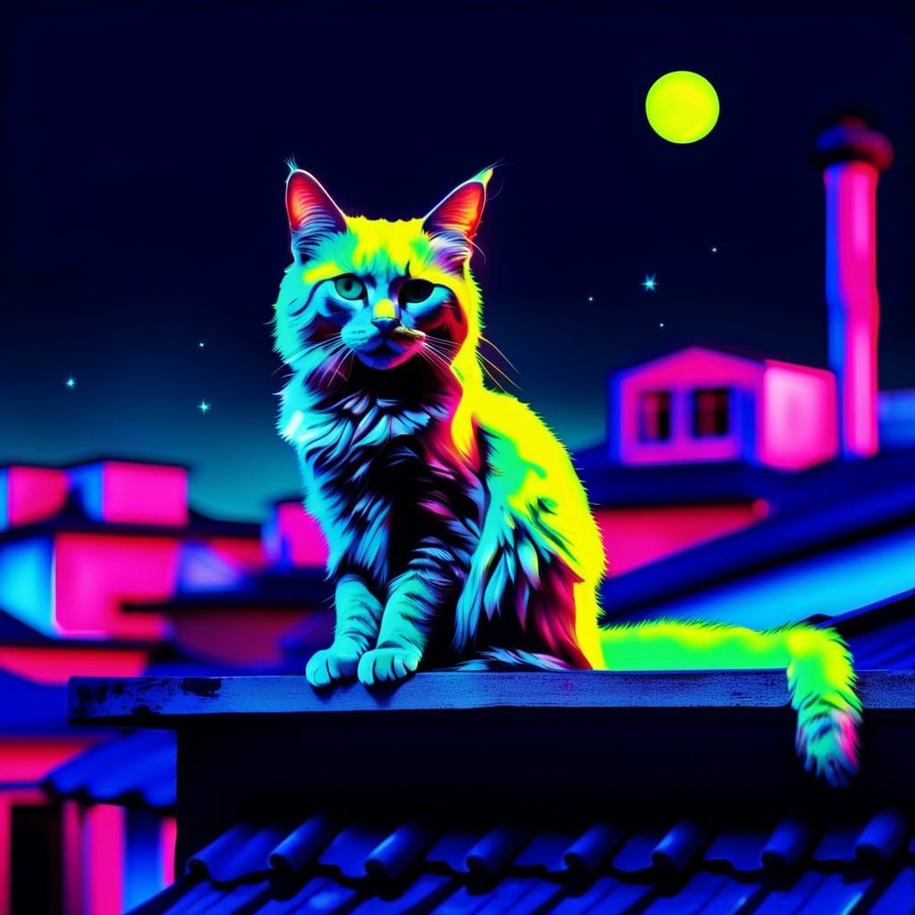 Fluorescent Cat on Roof under Blue Moon