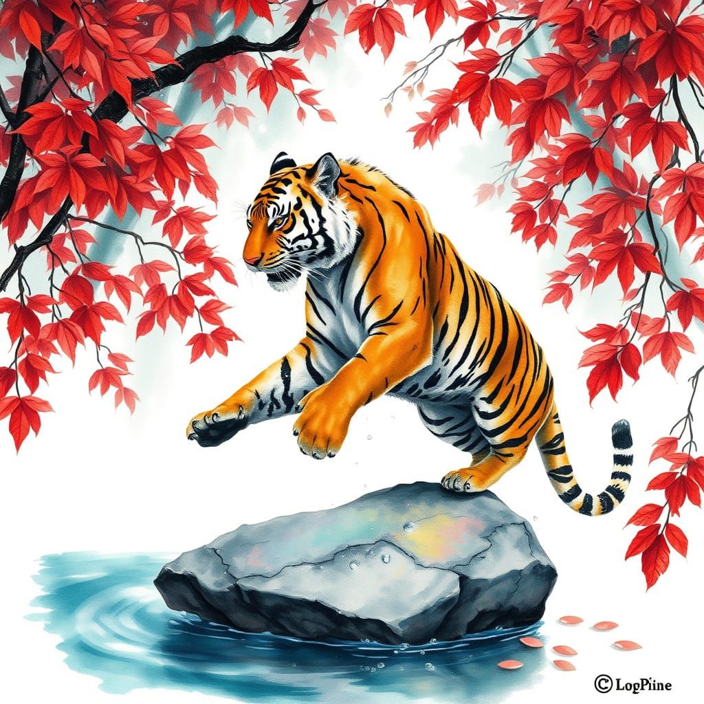 Leaping Tiger Meditating in Red Leaf Forest