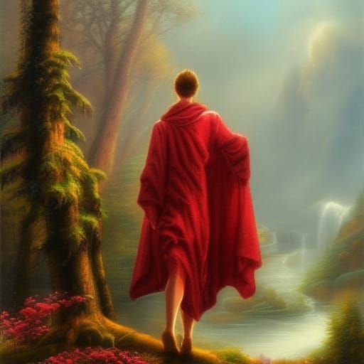 Wolf in Red Robe: Ethereal Fantasy Landscape