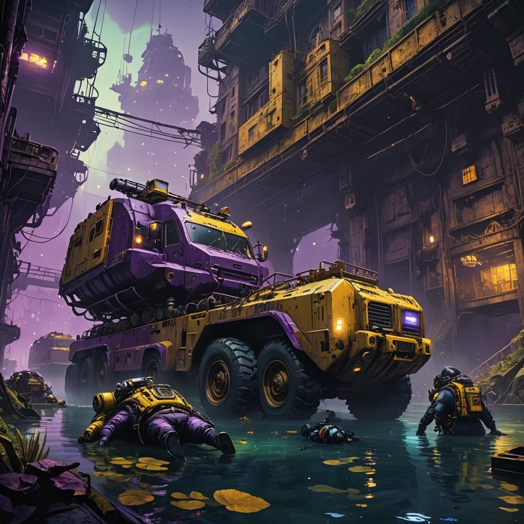 Underwater City with Divers in Dark Fantasy Style