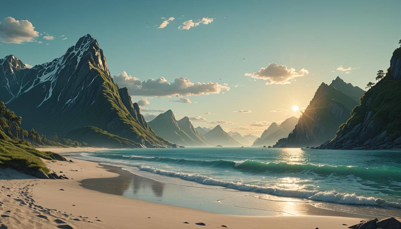Mountains Meet Ocean at Dawn: Digital Matte Painting