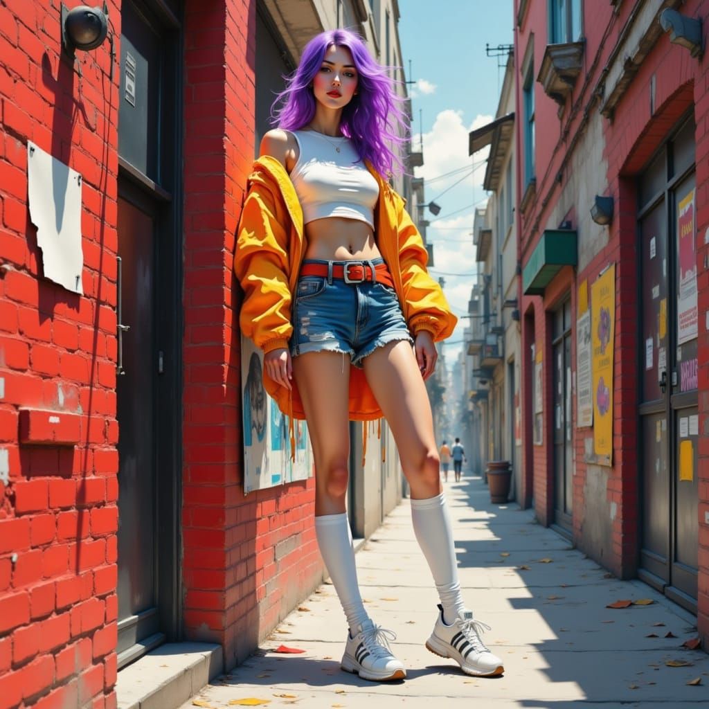 Futuristic Woman in Urban Alley, Anime Style